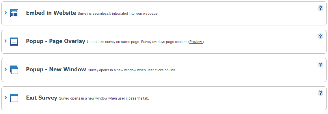 embed on site, pop up in window, pop up in new window, or show upon exit