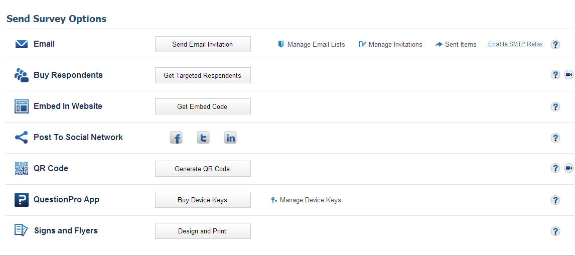 fifteen options to distribute your survey from within QuestionPro